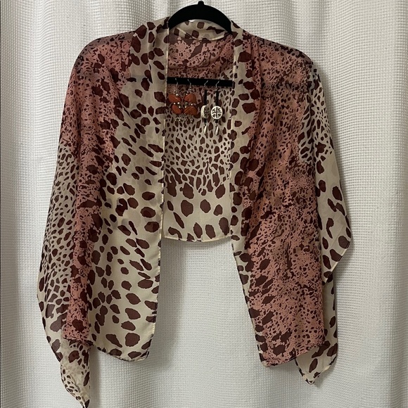 Accessories - 3 pc gift Lightweight Animal Print Sheer Shawl Blush and Brown 2 pairs earrings